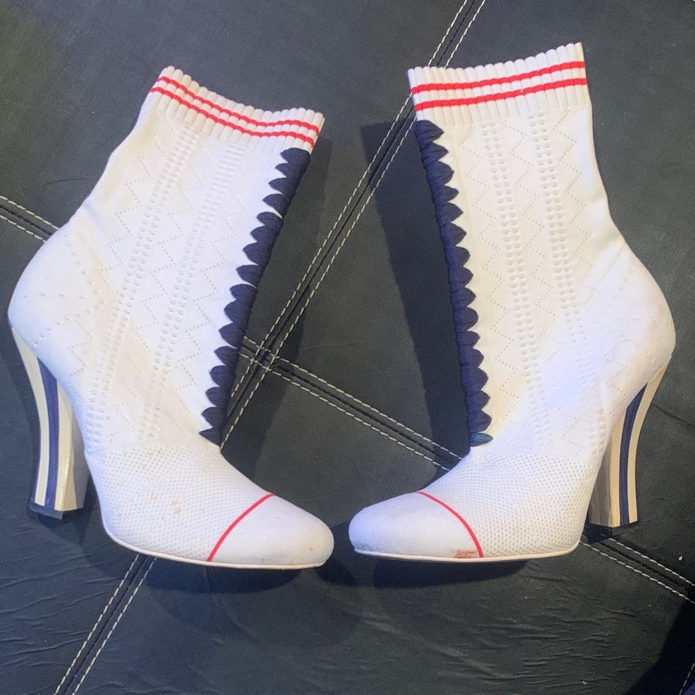 Fendi White and Navy High Heel Sock Boots